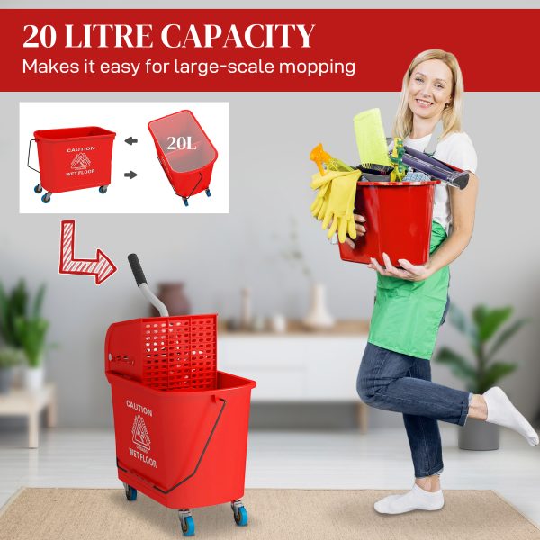 HOMCOM 20L Mop Bucket with Wringer Handle on Wheels for Floor Cleaning Red - Image 4
