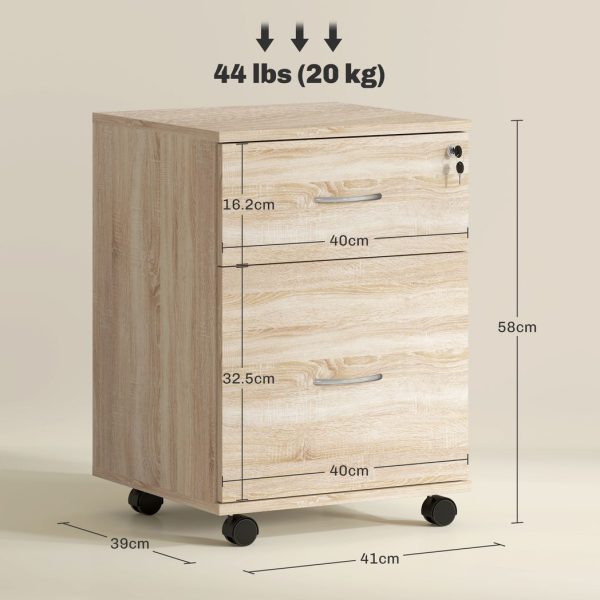 HOMCOM Pedestal Office Mobile Filing Cabinet 2 Drawer Wooden Storage Oak - Image 5