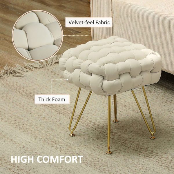 HOMCOM Woven Velvet Foot Stool with Steel Legs for Living Room, Cream White - Image 6