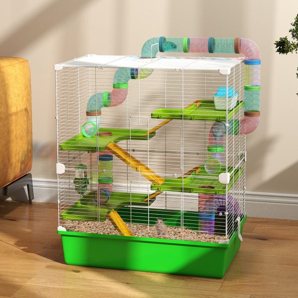 PawHut Hamster Cage w/ Water Bottle, Exercise Wheel, Tubes, Ramps - Green - Image 2