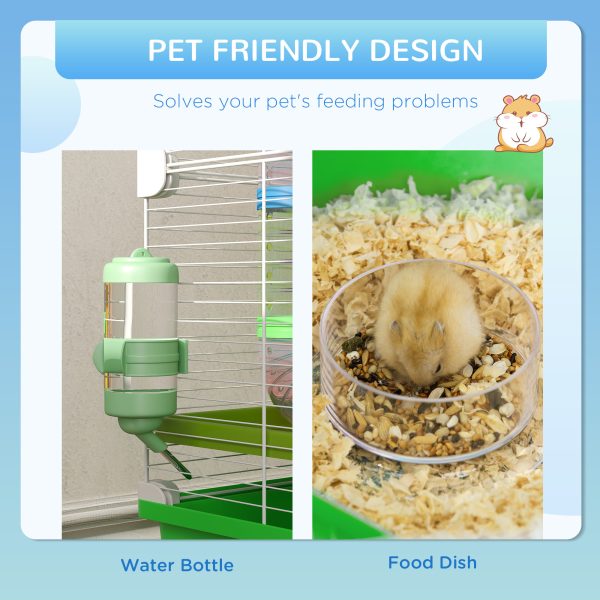 PawHut Hamster Cage w/ Water Bottle, Exercise Wheel, Tubes, Ramps - Green - Image 4