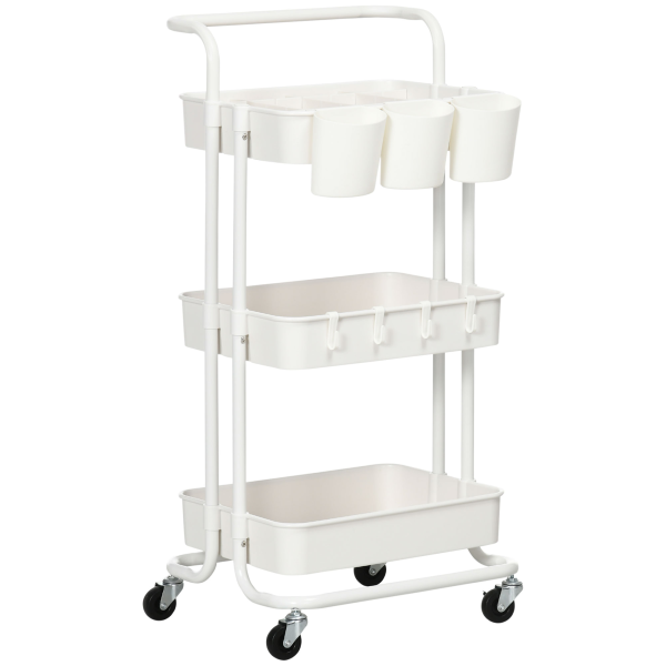 HOMCOM 3-Tier Utility Cart, Rolling Serving Trolley with Baskets and Hooks - Image 2
