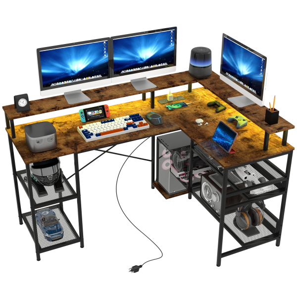 HOMCOM L Shaped Gaming Desk w/ LED Lights and Power Outlets for Small Space - Image 2