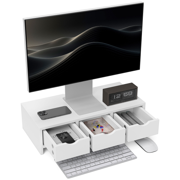 HOMCOM Monitor Stand Riser with 3 Drawers for Laptop, Computer, PC, White - Image 2
