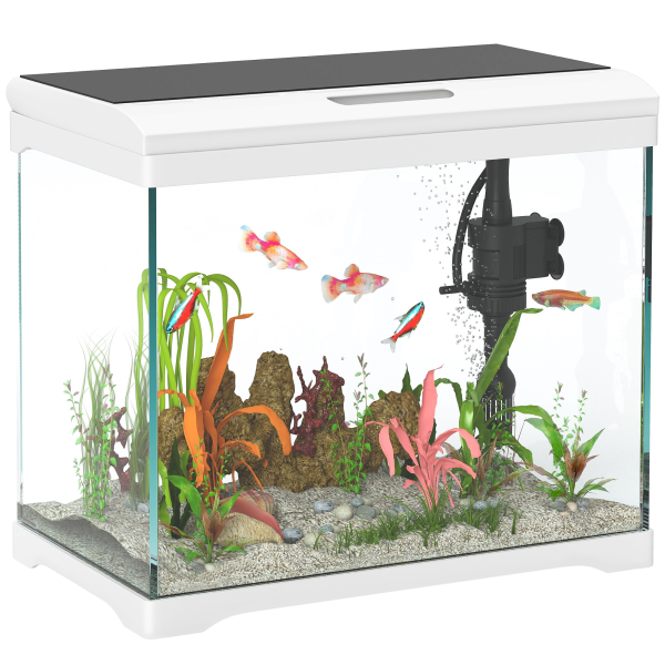 PawHut 27L Glass Fish Tank with Filter System, LED Light, Water Pump, White - Image 2