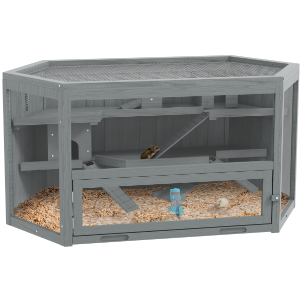 PawHut 3 Tier Wooden Hamster Cage Gerbil Play Centre w/ Sliding Tray Ramps - Image 2