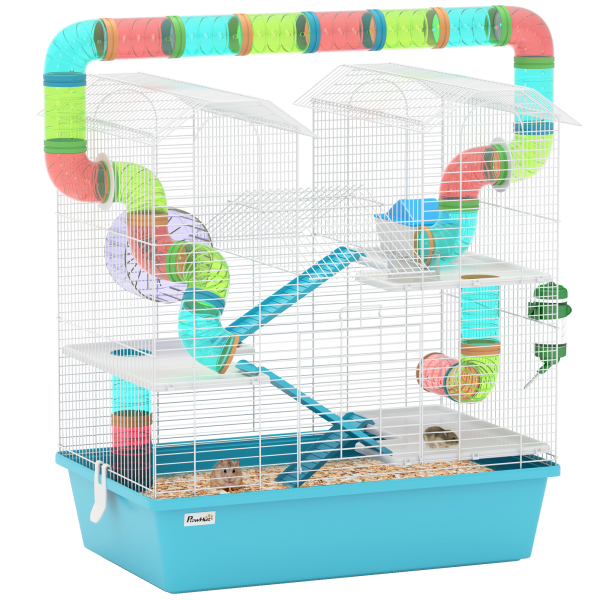 PawHut 4 Tier Hamster Cage with Tubes, for Drawf, 58 x 36 x 65cm, Light Blue - Image 2