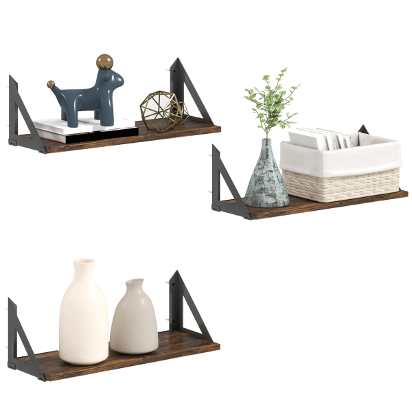 HOMCOM Set of 3 Vintage Wall Shelves for Living Room Rustic Brown - Image 2