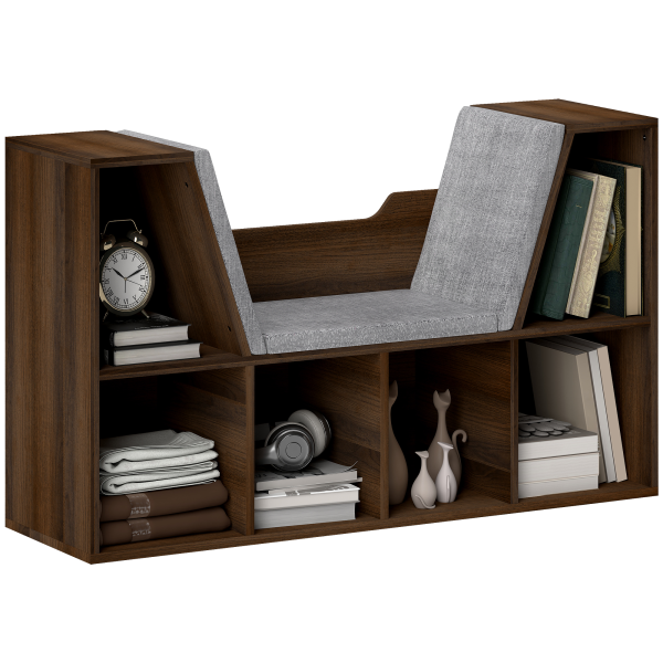 HOMCOM Cube Bookshelf Organizer with Reading Seat, Six Cubes, Chestnut - Image 2