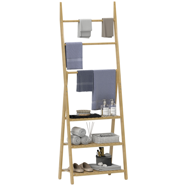 HOMCOM 3-Tier Folding Bamboo Bathroom Storage Shelving Unit with Towel Bars - Image 2