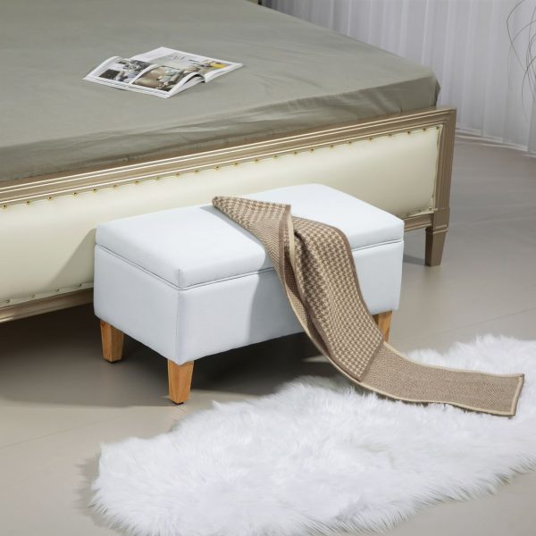 HOMCOM Linen Storage Ottoman Storage Box Footstool with Rubberwood Legs Cream - Image 2