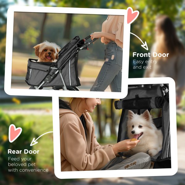 PawHut Pet Stroller Pushchair Carrier for Cat Puppy with 3 Wheels Dark Grey - Image 7