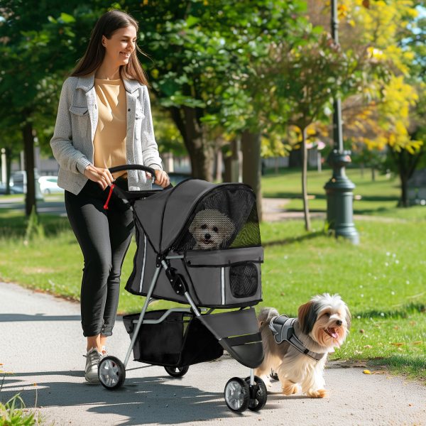 PawHut Pet Stroller Pushchair Carrier for Cat Puppy with 3 Wheels Dark Grey - Image 2
