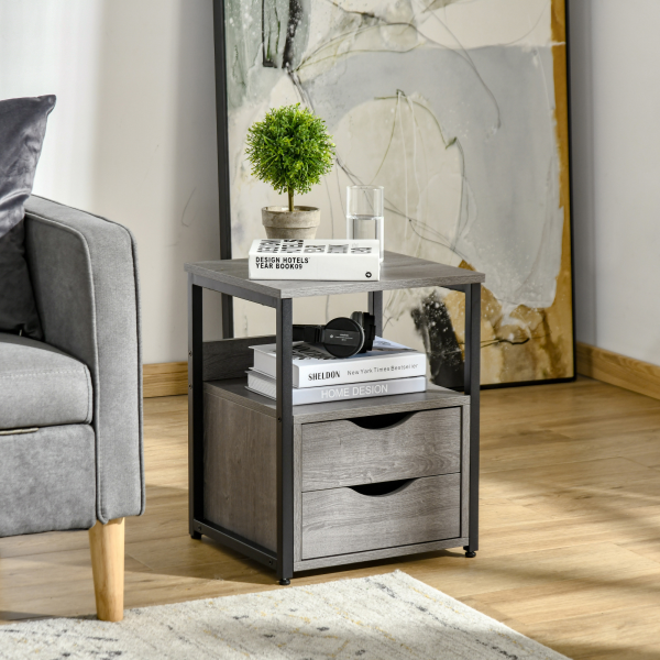 HOMCOM End Table Bedside Desk Slim Storage Cabinet with Shelf Grey - Image 3