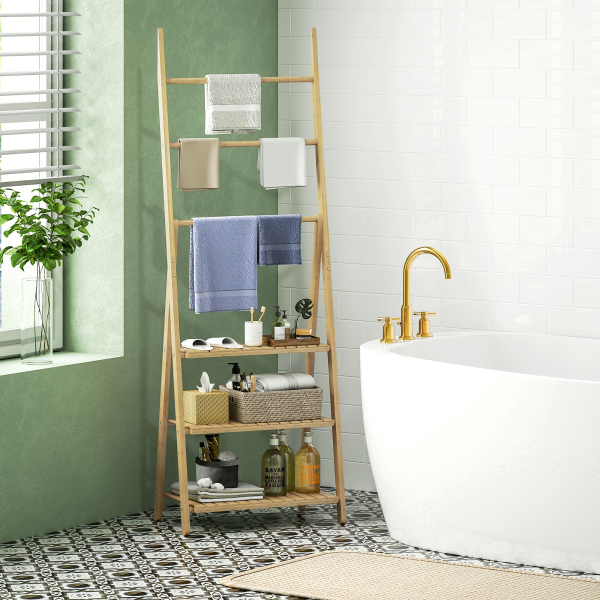 HOMCOM 3-Tier Folding Bamboo Bathroom Storage Shelving Unit with Towel Bars - Image 3