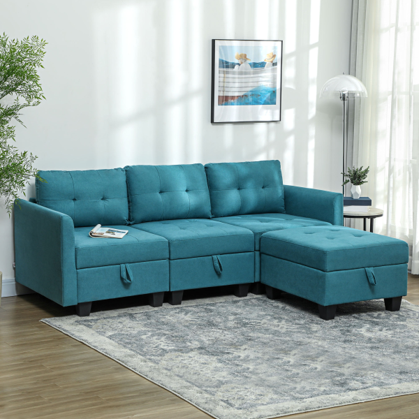 HOMCOM Convertible Modular Sectional Sofa w/ Storage Wood Frame Light Blue - Image 3