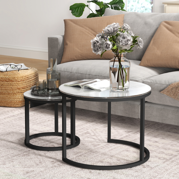 HOMCOM Glass Coffee Table Set of 2, Round Nest of Tables for Living Room - Image 3