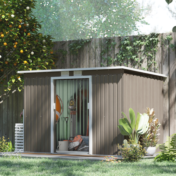 Outsunny 9 x 4FT Metal Garden Storage Shed w/ 2 Door, Light Grey Wood Grain - Image 3