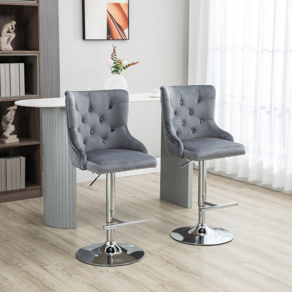 HOMCOM Adjustable Bar Stools Set of 2, Swivel Bar Chairs w/ Back Footrest, Grey - Image 2