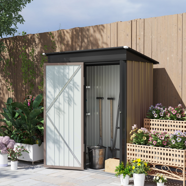 Outsunny Steel Garden Shed, Small Lean-to Shed for Bike, 5x3 ft Brown - Image 3