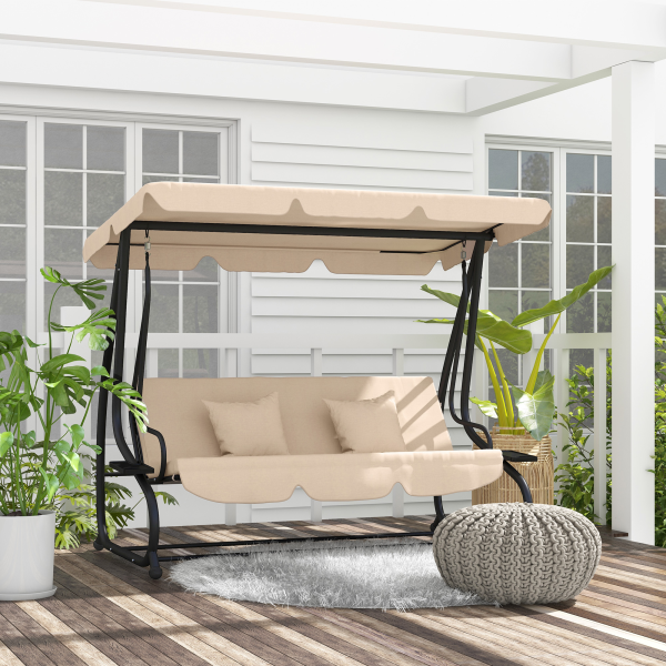 Outsunny 2-in-1 Garden Swing Chair for 3 Person w/ Adjustable Canopy Light Brown - Image 3