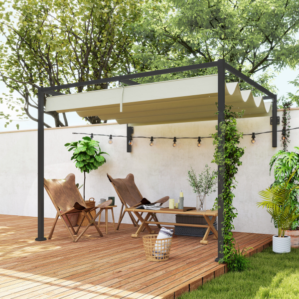 Outsunny 2 x 3(m) Wall Mounted Pergola with Retractable Roof, Khaki - Image 3