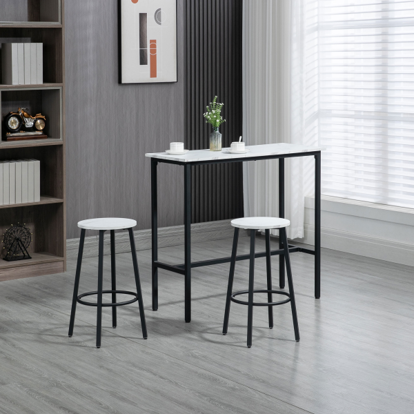 HOMCOM 3 Piece Bar Table Set for 2 with Stools Steel Frame Footrest White - Image 2