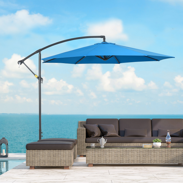 Outsunny 3(m) Garden Banana Parasol Cantilever Umbrella w/ Cross Base, Blue - Image 3