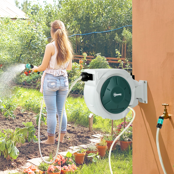 Outsunny Retractable Hose Reel Wall Mounted with Lock, Light Grey - Image 3