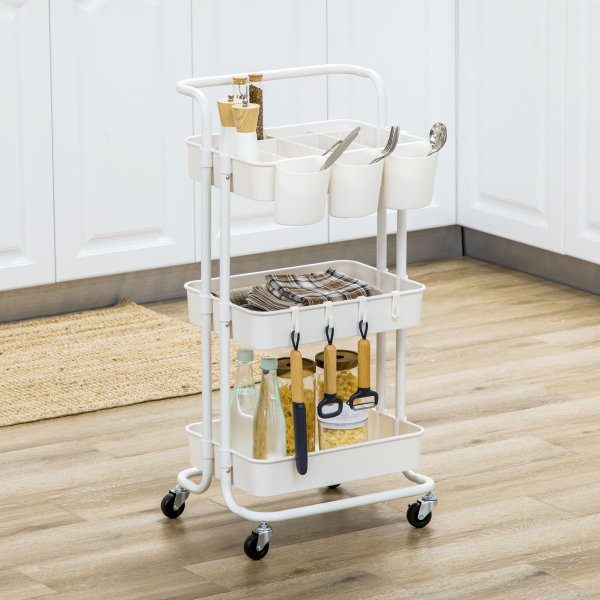 HOMCOM 3-Tier Utility Cart, Rolling Serving Trolley with Baskets and Hooks - Image 3