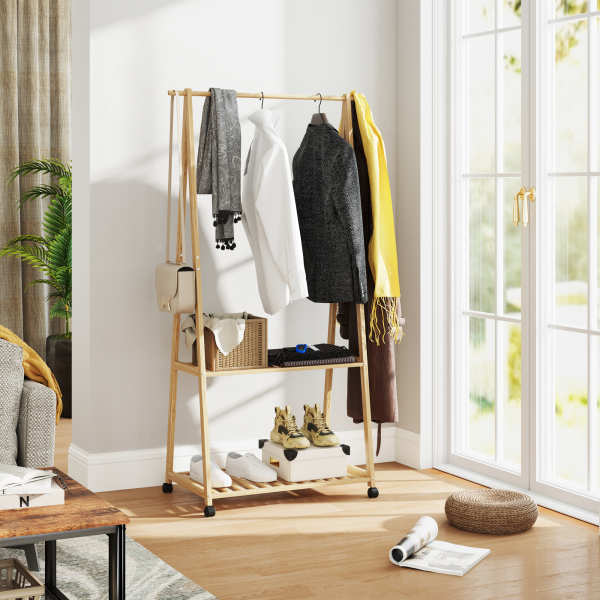 HOMCOM Bamboo Clothes Rail Rack with 2 Storage Shelves, Natural Wood Effect - Image 3