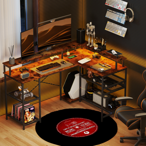 HOMCOM L Shaped Gaming Desk w/ LED Lights and Power Outlets for Small Space - Image 3