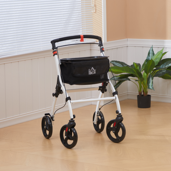 HOMCOM Folding Upright Rollator Walker with Storage Bag, Tray, White - Image 3