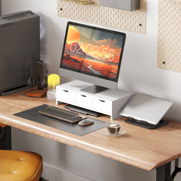 HOMCOM Monitor Stand Riser with 3 Drawers for Laptop, Computer, PC, White - Image 3