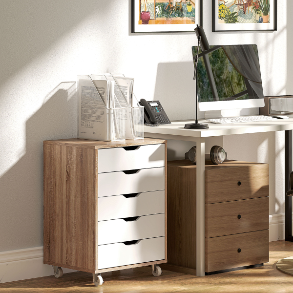 Vinsetto Mobile Filing Cabinet, 5-drawer File Cabinet with Wheels, Oak - Image 3