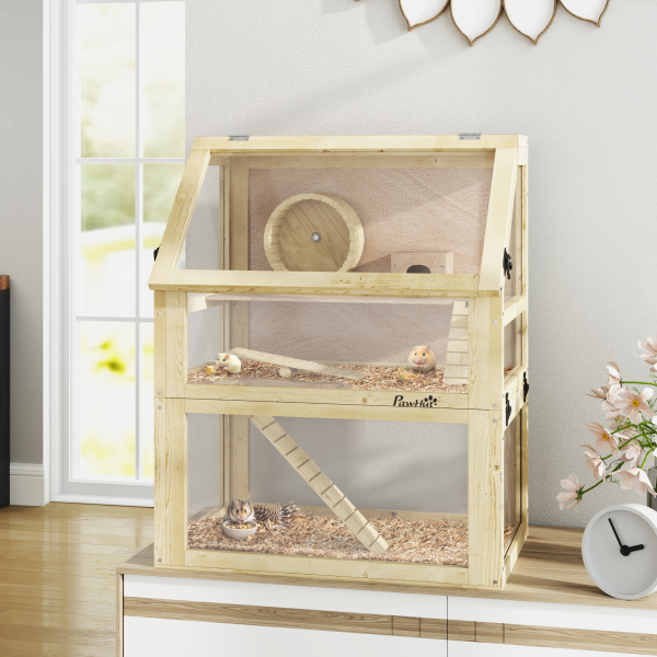 PawHut Wooden Hamster Cage w/ Detachable Bottom, Hut, Seesaw, 60 x 40 x 75cm - Image 3