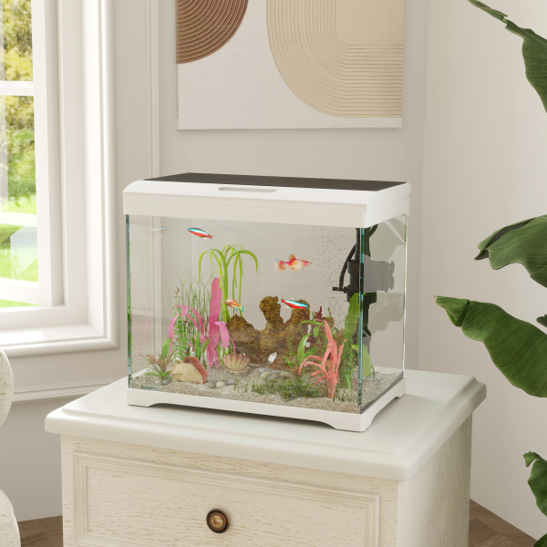 PawHut 17L Glass Fish Tank with Filter System, LED Light, Water Pump, White - Image 3