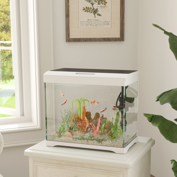 PawHut 27L Glass Fish Tank with Filter System, LED Light, Water Pump, White - Image 3