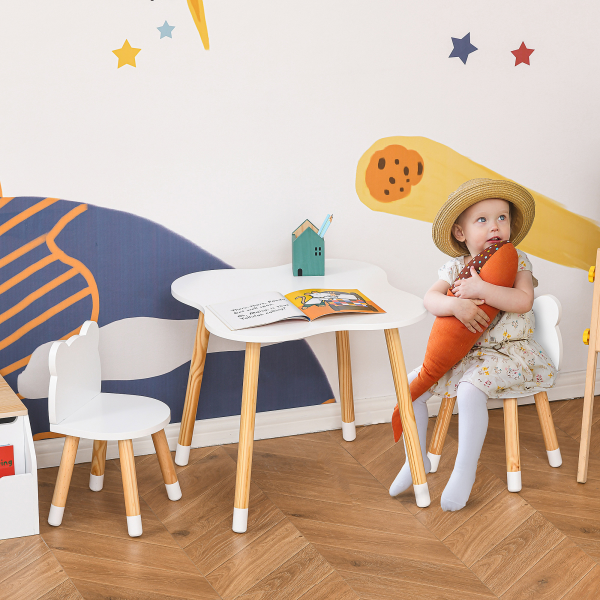 HOMCOM 3 Piece Kids Table and Chair Set with 2 Bear-shaped Chairs, White - Image 2