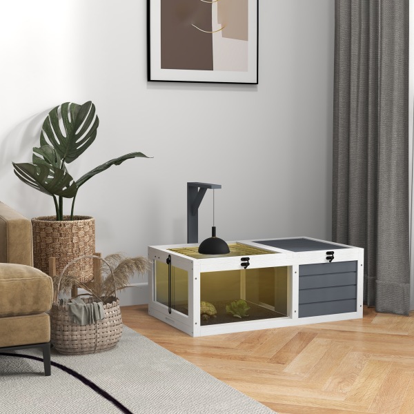 PawHut Tortoise House, Wooden Tortoise Table w/ Wooden Lamp Holder - Grey - Image 2
