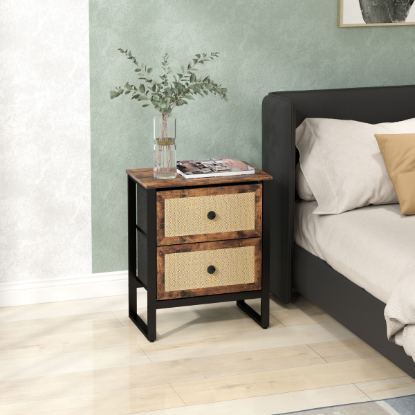 HOMCOM Bedside Table with 2 Rattan Drawers and Steel Legs, Rustic Brown - Image 2