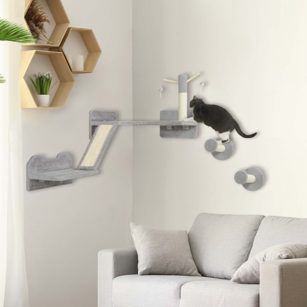 PawHut 3PCs Corner Design Cat Wall Shelves Furniture, Light Grey - Image 2