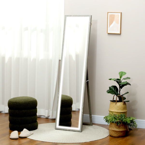 HOMCOM Dimming Full Length Mirror w/ Lights Standing Leaning Wall Mount Grey - Image 2
