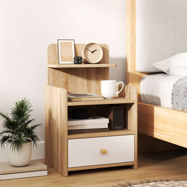 HOMCOM Bedside Table with Drawer for Bedroom, Living Room, Natural Wood Effect - Image 2