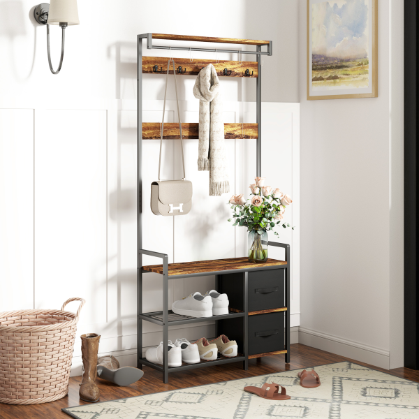 HOMCOM Coat Rack with Drawer, 4-in-1 Hall Tree with Coat Stand, Rustic Brown - Image 2