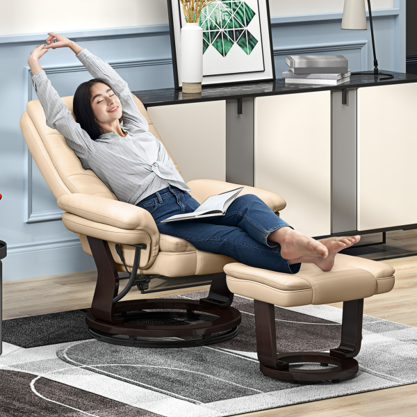 HOMCOM Swivel Manual Recliner and Footrest Set PU Leather Lounge Chair Beige - Image 2