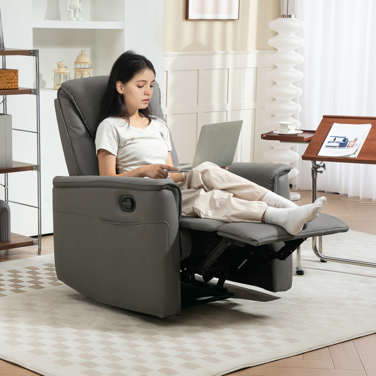 HOMCOM Recliner Armchair with Spring Cushion Adjustable Leg Rest Light Grey - Image 2