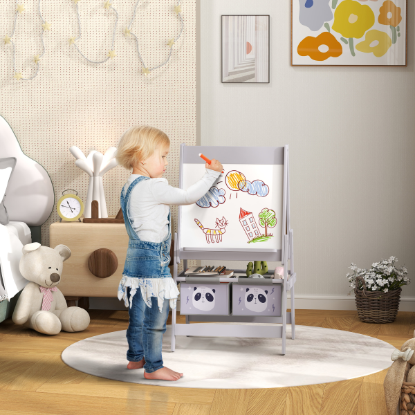 AIYAPLAY Kids Easel with Paper Roll, Blackboard, Whiteboard, Storage, Grey - Image 2