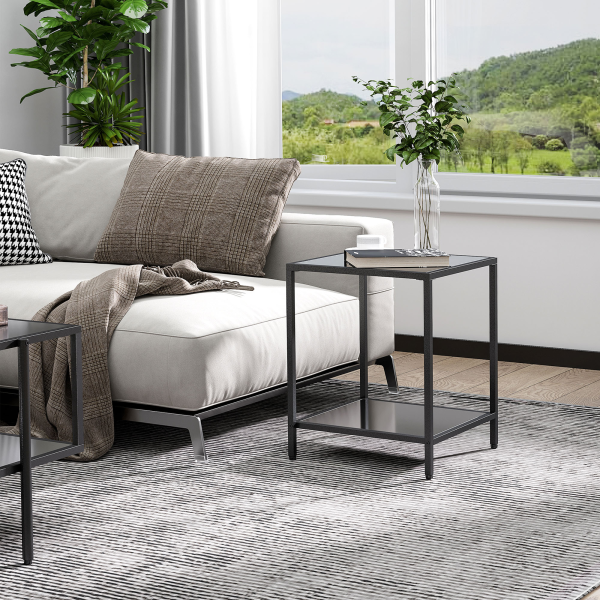 HOMCOM Side Table with Tempered Glass Top, End Table with 2-Tier Storage, Black - Image 2