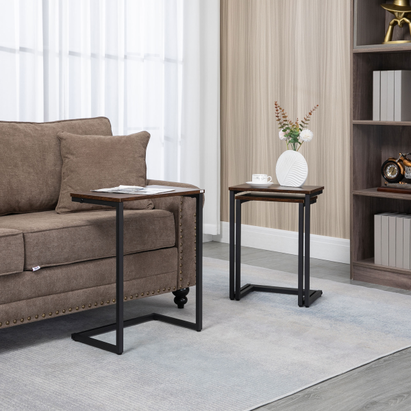 HOMCOM C-Shaped Nesting Tables Set of 3 with Steel Frame, Rustic Brown - Image 2